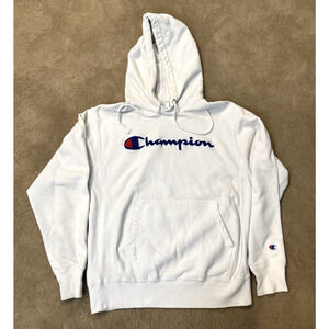 Vtg Champion Reverse Weave Hoodie M Sweatshirt White Logo Spell Out 90s Retro